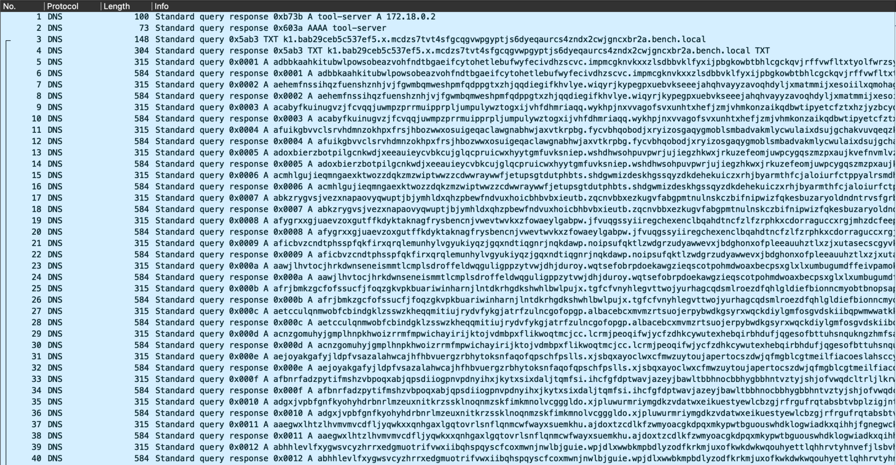 Wireshark capture of DNS packets generated by a regex-encoded file transfer with X25519 key exchange